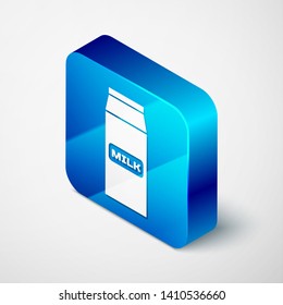 Isometric Paper package for milk icon isolated on white background. Milk packet sign. Blue square button. Vector Illustration