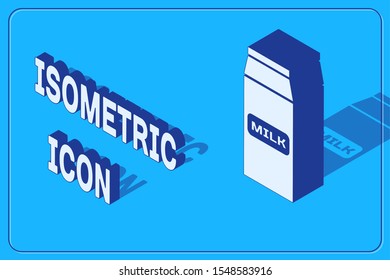 Isometric Paper package for milk icon isolated on blue background. Milk packet sign.  Vector Illustration