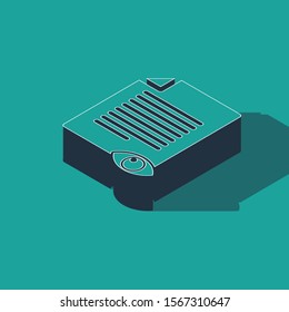 Isometric Paper page with eye symbol icon isolated on green background. Open information file sign.  Vector Illustration