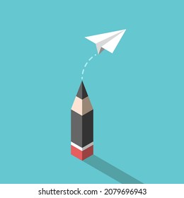 Isometric paper plane flying from pencil. Startup, creativity, creative idea, education and innovation concept. Flat design. EPS 8 vector illustration, no transparency, no gradients