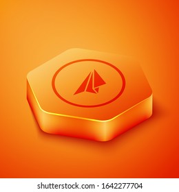 Isometric Paper plane icon isolated on orange background. Paper airplane icon. Aircraft sign. Orange hexagon button. Vector Illustration