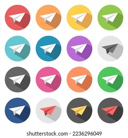 Isometric paper planes in circles, round icons set, different colors, long shadow. Sending message, newsletter, messenger concept. Flat design. EPS 8 vector illustration, no transparency, no gradients