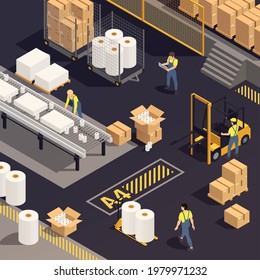 Isometric paper production composition people in production work in a paper-making shop vector illustration