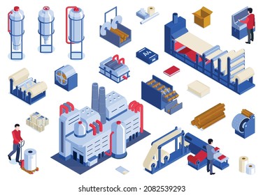 Isometric paper production horizontal set of isolated icons with characters of human operators and industrial facilities vector illustration