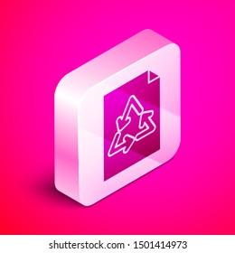 Isometric Paper with recycle icon isolated on pink background. Silver square button. Vector Illustration