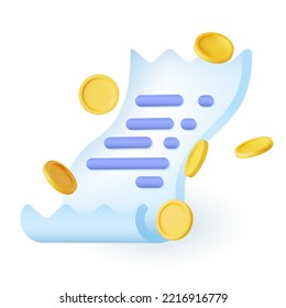Isometrische Papierrolle mit Goldmünzen 3D-Symbol. Dokument mit Unternehmensanalyse oder Statistik 3D-Vektorgrafik auf weißem Hintergrund. Finanzen, Reichtum, Geschäftskonzept