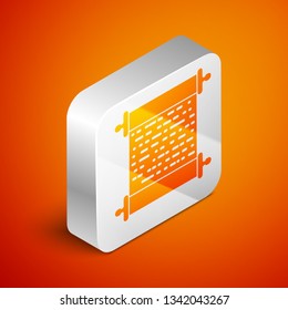 Isometric Paper scroll icon isolated on orange background. Canvas scroll sign. Silver square button. Vector Illustration