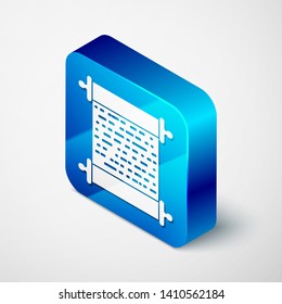 Isometric Paper scroll icon isolated on white background. Canvas scroll sign. Blue square button. Vector Illustration