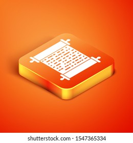 Isometric Paper scroll icon isolated on orange background. Canvas scroll sign.  Vector Illustration