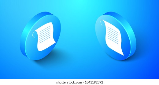 Isometric Paper scroll icons isolated on blue background. Canvas scroll sign. Blue circle button. Vector.