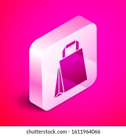 Isometric Paper shopping bag icon isolated on pink background. Package sign. Silver square button. Vector Illustration