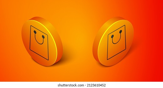 Isometric Paper shopping bag icon isolated on orange background. Package sign. Orange circle button. Vector