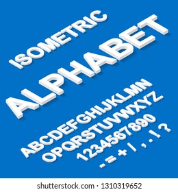 Isometric paper white alphabet on blue background. Font for Typography. Illustration vector.