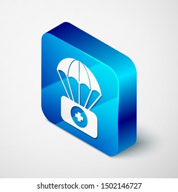 Isometric Parachute with first aid kit icon isolated on white background. Medical insurance. Blue square button. Vector Illustration