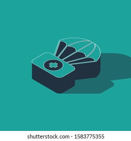 Isometric Parachute with first aid kit icon isolated on green background. Medical insurance.  Vector Illustration