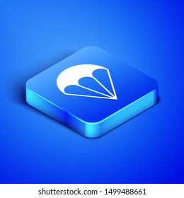 Isometric Parachute icon isolated on blue background. Extreme sport. Sport equipment. Blue square button. Vector Illustration