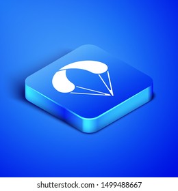 Isometric Parachute icon isolated on blue background. Extreme sport. Sport equipment. Blue square button. Vector Illustration