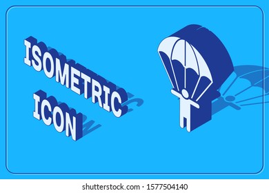 Isometric Parachute and silhouette person icon isolated on blue background.  Vector Illustration