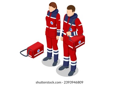 Isometric Paramedics man and woman dressed in uniform. Male and female emergency medical serviice employee. - Shutterstock ID 2393946809