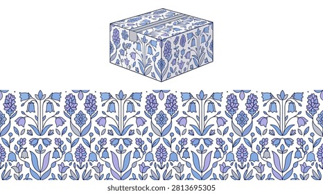 Isometric parcel box with a blue and white floral bellflower repeat pattern for elegant gift presentation.