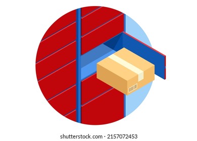 Isometrischer Paketschrank. Postman und Schließer mit digitalem Bedienfeld für Passwort. Die Kette von autonomen Poststellen für den Eigeneingang und den Versand von Postpaketen. Postzustellung, intelligente Selbstbedienung