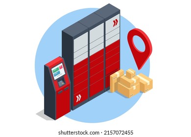 Isometric parcel locker. Postman and locker with digital panel for password. The chain of autonomous postal points for self-receipt and sending of postal parcels. Postal delivery, smart self-service