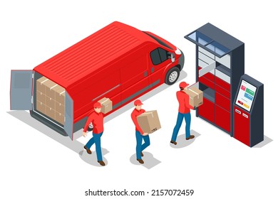 Isometric parcel locker. Postman and locker with digital panel for password. The chain of autonomous postal points for self-receipt and sending of postal parcels. Postal delivery, smart self-service