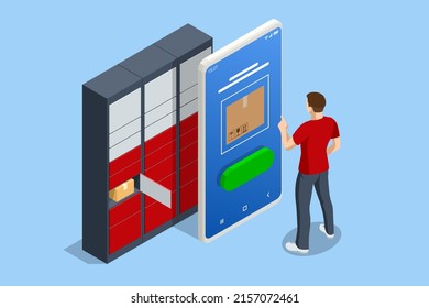 Isometric parcel locker. Postman and locker with digital panel for password. The chain of autonomous postal points for self-receipt and sending of postal parcels. Postal delivery, smart self-service