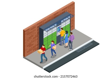 Isometric parcel locker. Postman and locker with digital panel for password. The chain of autonomous postal points for self-receipt and sending of postal parcels. Postal delivery, smart self-service