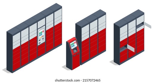 Isometric parcel locker. Postman and locker with digital panel for password. The chain of autonomous postal points for self-receipt and sending of postal parcels. Postal delivery, smart self-service
