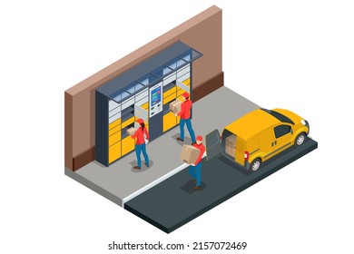 Isometric parcel locker. Postman and locker with digital panel for password. The chain of autonomous postal points for self-receipt and sending of postal parcels. Postal delivery, smart self-service