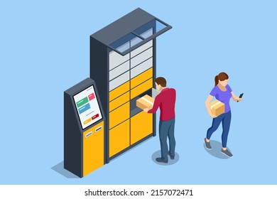 Isometric parcel locker. Postman and locker with digital panel for password. The chain of autonomous postal points for self-receipt and sending of postal parcels. Postal delivery, smart self-service