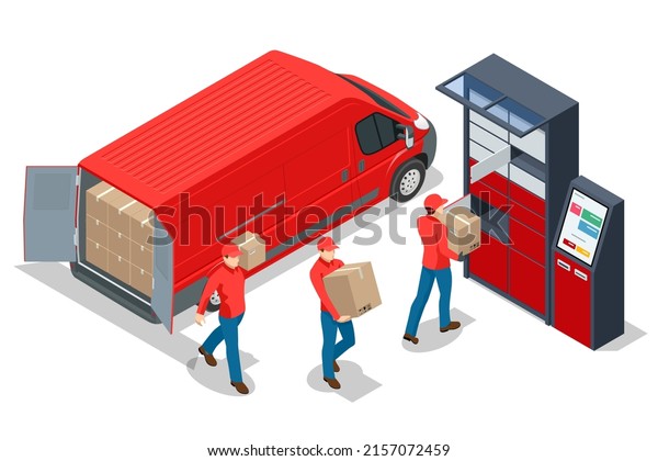 Isometric parcel locker. Postman and locker with digital panel for password. The chain of autonomous postal points for self-receipt and sending of postal parcels. Postal delivery, smart self-service