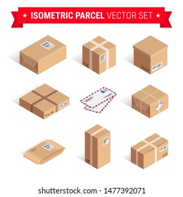 Conjunto de paquetes isométricos. 3d Cuadro postal, letra, icono de paquete aislado en fondo blanco. Ilustración vectorial de transporte y envío en línea. Puede usarse para web, aplicaciones, infografías