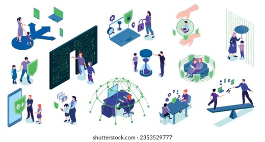 Isometric parental control color set with isolated compositions of gadgets pictogram icons with parents and kids vector illustration