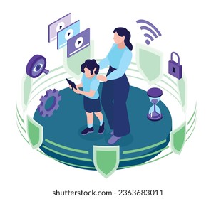 Isometric parental control composition with isolated view of mother and child surrounded by holographic pictogram icons vector illustration