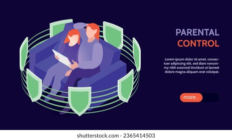 Banner horizontal de control paternal isométrico con caracteres sin rostro de madre e hija protegidos por iconos de escudo ilustración vectorial