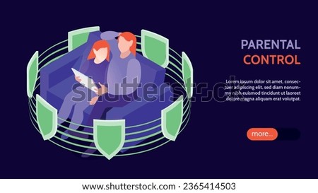 Isometric parental control horizontal banner with mother and daughter faceless characters protected by shield icons circuit vector illustration