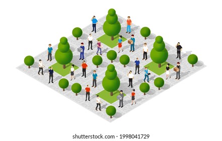 Isometric Park city walking holidaymakers joyful people among trees and benches