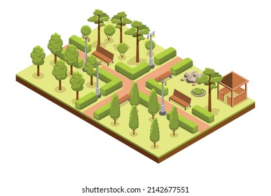 Isometric park composition with isolated rectangular platform and segment of city park with trees and benches vector illustration