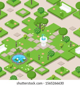 Isometric park composition with trees, fountain and bench, vector illustration. Game decoration elements for park or garden in summer. Isometric map tile design, nature geometric shapes in perspective