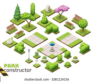 Isometric park constructor. Set of different trees, bushes and other park objects. Isolated vector illustrations.