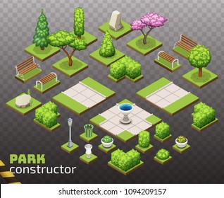 Isometric park constructor. Set of different trees, bushes and other park objects. Isolated vector illustrations.