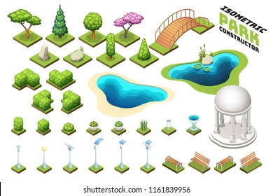 Isometric park constructor. Set of different trees, bushes and other park objects. Isolated vector illustrations.