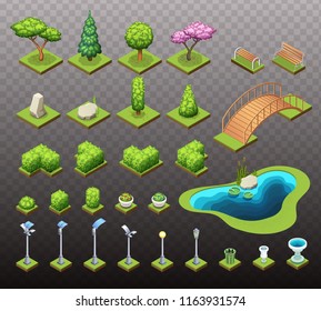 Isometric park constructor. Set of different trees, bushes and other park objects. Isolated vector illustrations.