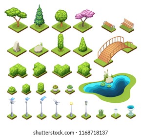 Isometric park constructor. Set of different trees, bushes and other park objects. Isolated vector illustrations.