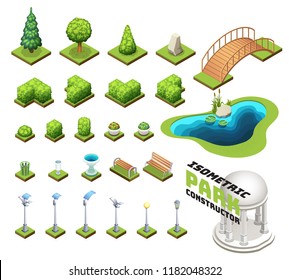 Isometric park constructor. Set of different trees, bushes and other park objects. Isolated vector illustrations.