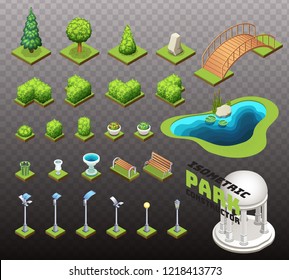 Isometric park constructor. Set of different trees, bushes and other park objects. Isolated vector illustrations.