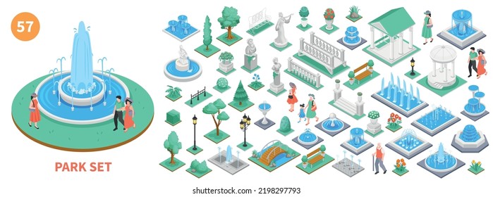 Isometric park elements set with fountains and outdoor decoration isolated vector illustration