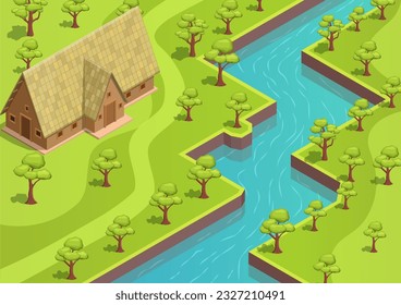 isometric park or forest with a flowing river